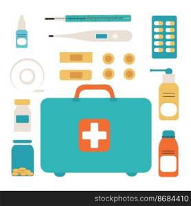 First aid kit isolated on white background. The concept of health, care and medical diagnosis. Flat design. Vector illustration. White background. First aid kit isolated on white background. The concept of health, care and medical diagnosis. Flat design. Vector illustration.
