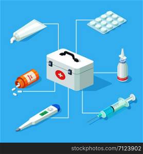 First aid kit tools vector isometric concept. Isometric first aid kit 3d for health care illustration. First aid kit tools vector isometric concept
