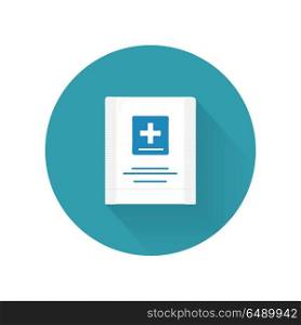 First Aid Kit Vector Illustration In Flat Design. First aid kit vector illustration in flat design. Hermetic plastic bag with a cross blue. Container for sterile medical supplies. Bandages, plasters, cooling package. Isolated on white background