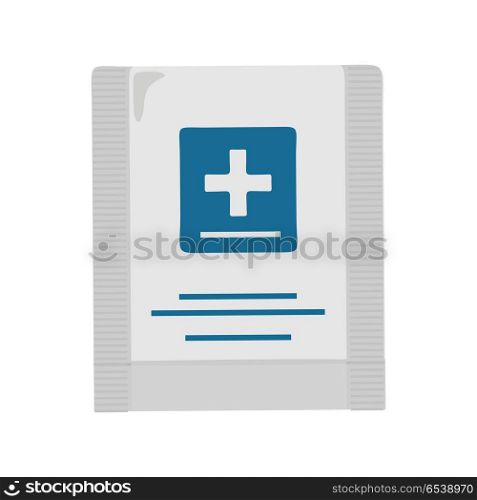 First aid kit vector illustration in flat design. Hermetic plastic bag with a cross blue. Container for sterile medical supplies. Bandages, plasters, cooling package. Isolated on white background. First Aid Kit Vector Illustration In Flat Design. First Aid Kit Vector Illustration In Flat Design