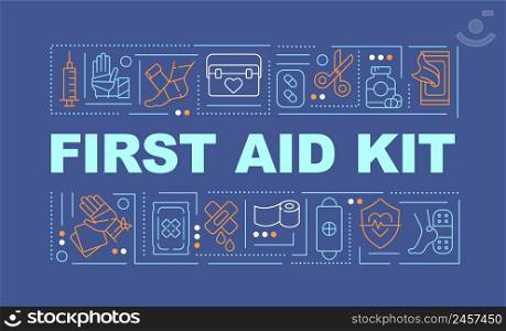 First aid kit word concepts dark blue banner. Emergency medical help. Infographics with icons on color background. Isolated typography. Vector illustration with text. Arial-Black font used. First aid kit word concepts dark blue banner