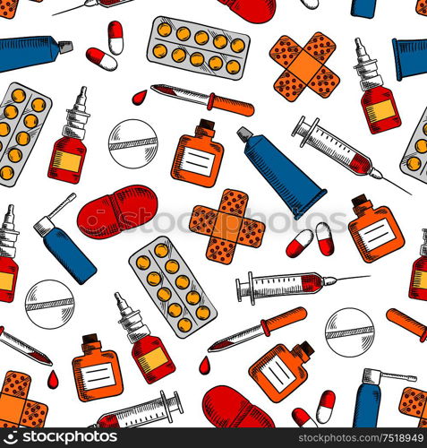 First Aid medical poster. Seamless wallpaper with vector icons of equipment medicine chest, cross, bandage, ampoule, syringe, liquid, dropper, pill, thermometer, capsule patch spray inhaler. First Aid medical poster seamless background