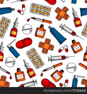 First Aid medical poster. Seamless wallpaper with vector icons of equipment medicine chest, cross, bandage, ampoule, syringe, liquid, dropper, pill, thermometer, capsule patch spray inhaler. First Aid medical poster seamless background