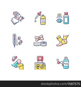First aid RGB color icons set. Injury treatment. Illness remedy. Medical equipment for hurt patient. Hospital help for injury and trauma. Pills and medication. Isolated vector illustrations. First aid RGB color icons set
