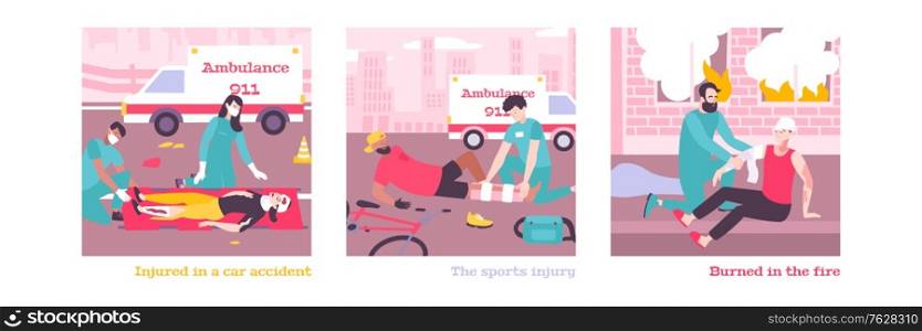 First aid set of square compositions with ambulance cars and doctors assisting people with editable text vector illustration