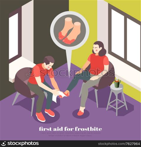 First aid steps for frostbite isometric background composition with rewarming frostbitten toes drinking warm liquid vector illustration