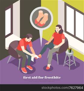 First aid steps for frostbite isometric background composition with rewarming frostbitten toes drinking warm liquid vector illustration