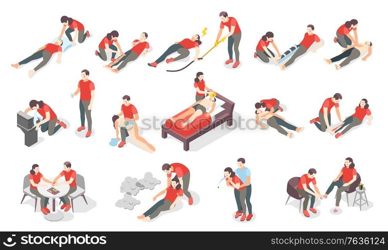 First aid steps isometric set of icons and human characters providing first aid treatment to persons vector illustration