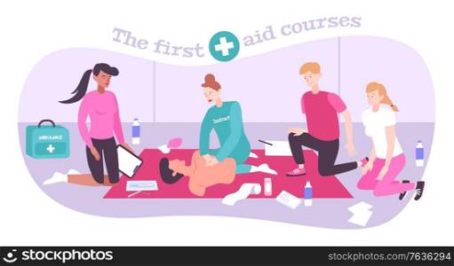 First aid training flat composition with people on training with medical appliances cross and editable text vector illustration