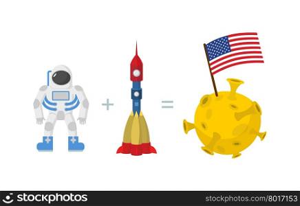 First Astronaut on moon. American flag on moon. Space rocket and planet. Vector illustration.&#xA;