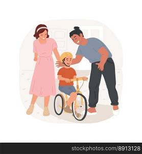 First bike ride isolated cartoon vector illustration. Parent help kid to ride a bicycle, happy childhood, people having fun, family active lifestyle, physical activity vector cartoon.. First bike ride isolated cartoon vector illustration.