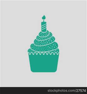 First birthday cake icon. Gray background with green. Vector illustration.
