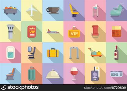 First class travel icons set flat vector. Airplane service. Seat traveler. First class travel icons set flat vector. Airplane service