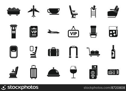 First class travel icons set simple vector. Airplane service. Seat traveler. First class travel icons set simple vector. Airplane service