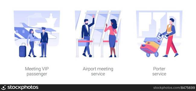 First class travel isolated concept vector illustration set. Meeting VIP passenger, airport meeting service, porter service, passenger exits the plane, business travel vector cartoon.. First class travel isolated concept vector illustrations.