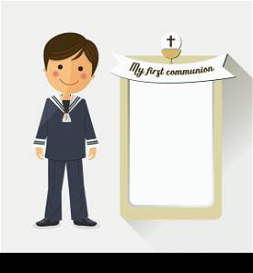 First communion child on square background with message