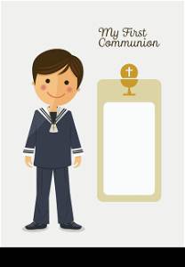 First communion child on white background with message