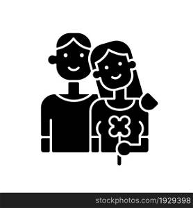 First date black glyph icon. Initial meeting. Couple go on dating. Tips on having successful first date. Meeting and falling in love Silhouette symbol on white space. Vector isolated illustration. First date black glyph icon