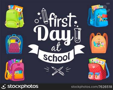 First day at school postcard decorated by backpack, office symbol. Full bag, pen and notebook, paints with tassel, eraser and pen, knowledge vector. Back to school concept. Flat cartoon. Back to School Postcard, Backpack Sign Vector