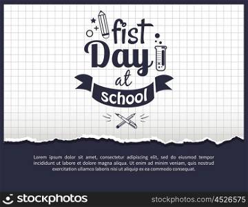 First Day at School Sticker Isolated on White. First day at school black-and-white sticker with text. Vector of laboratory tube with liquid and crossed pen and pencil on checkered background