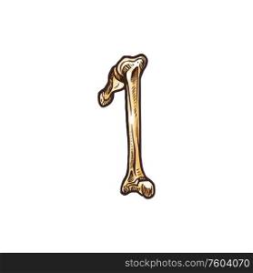 First digit, number one of bones isolated numeric figure. Vector 1 sign, Halloween font. Number 1 figure made of bones isolated first digit