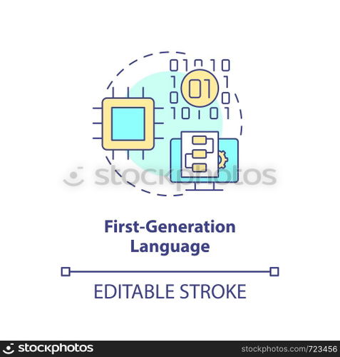 First-generation programming language concept icon. Straight machine code abstract idea thin line illustration. Coding. Isolated outline drawing. Editable stroke. Arial, Myriad Pro-Bold fonts used. First-generation programming language concept icon