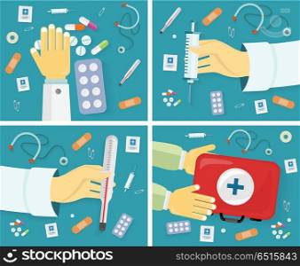 First Medical Aid Banners Set. Kit Content. First medical aid banners set. Kit thermometer pills drugs stethoscope plaster safety pins syringe. Equipment, medicine and hospital, healthcare and pharmacy, emergency and care. Vector illustration