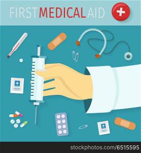First Medical Aid Set of Icons. Health Equipment. First medical aid set of icons. Health and medical equipment medicine and hospital care and pill, healthcare and pharmacy. Syringe, thermometer, pills, drugs, stethoscope, plaster, pins. Vector
