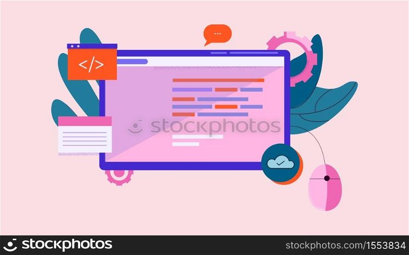 First person programming illustration. Online product development software coding technology creative information flat applications professional vector website development.. First person programming illustration. Online product development software coding technology.
