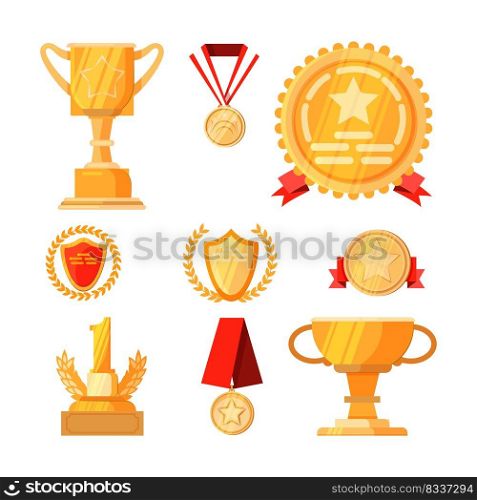 First place awards set. Collection of golden prizes. Can be used for topics like competition, winner, trophy