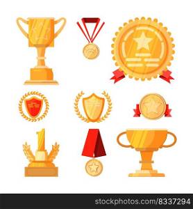 First place awards set. Collection of golden prizes. Can be used for topics like competition, winner, trophy