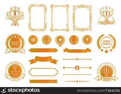 First place certificates and diploma decor. Champion round golden emblems, elegant ribbons, vintage frames isolated vector illustrations collection.. First Place Certificates and Diploma Decor Set