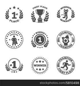 First place emblem and winner ribbons labels set vector illustration. First place icons set