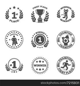 First place emblem and winner ribbons labels set vector illustration. First place icons set