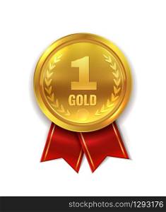 First place. Golden award medal or orden symbol with red ribbon for champion and winner isolated vector prize illustration. First place. Golden award medal or orden symbol with red ribbon for champion and winner isolated vector illustration