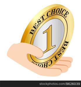 First place icon isometric vector. Golden best choice sign in human hand icon. Quality concept. First place icon isometric vector. Golden best choice sign in human hand icon