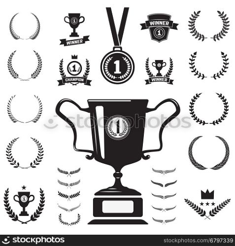 First place medal and labels monochrome icons and design elements.