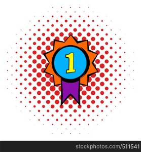 First place medal icon in comics style isolated on white background. First place medal with purple ribbon. First place medal icon, comics style