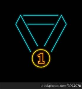 First place medal neon sign. Bright glowing symbol on a black background. Neon style icon.