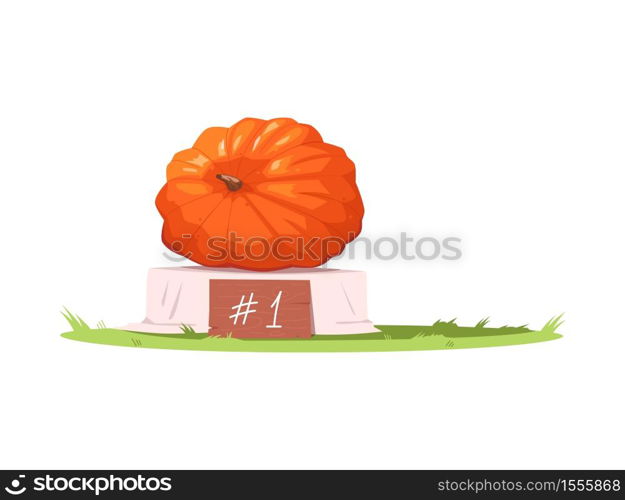 First place pumpkin semi flat RGB color vector illustration. October county fair winner. Contest for fresh crop. Harvest festival competition isolated cartoon object on white background. First place pumpkin semi flat RGB color vector illustration