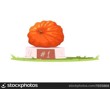 First place pumpkin semi flat RGB color vector illustration. October county fair winner. Contest for fresh crop. Harvest festival competition isolated cartoon object on white background. First place pumpkin semi flat RGB color vector illustration