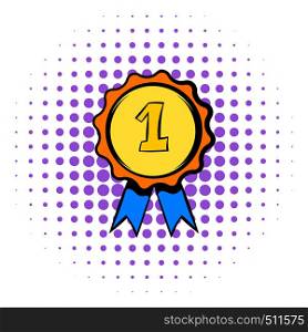 First place rosette icon in comics style isolated on white background. First place rosette with blue ribbon. First place rosette icon, comics style