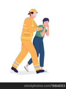 First responder rescuing frightened woman semi flat color vector characters. Full body people on white. Firefighter isolated modern cartoon style illustration for graphic design and animation. First responder rescuing frightened woman semi flat color vector characters