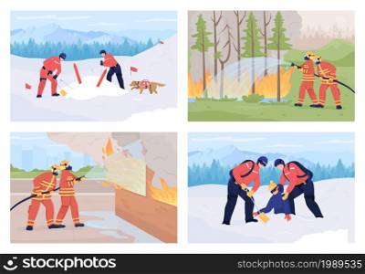 First responder service flat color vector illustrations set. Avalanche search. Extinguishing fires. Rescuers saving nature and people 2D cartoon characters collection with landscape on background. First responder service flat color vector illustrations set