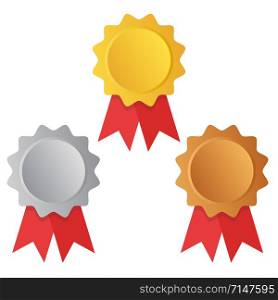First, Second and Third place. Award Medals Set isolated on white with ribbons. Vector illustration