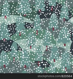 First snow pine tree seamless pattern. Doodle forest background. Naive art style. Hand drawn design for fabric, textile print, wrapping paper, children textile. Vector illustration. First snow pine tree seamless pattern. Doodle forest background.