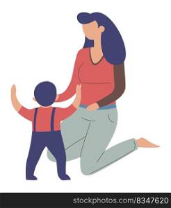 First steps of toddler, proud mother helping child to walk. Isolated mom assisting infant son, mom caring for kid and supporting. Standing baby stretching hands to woman. Vector in flat style. Mom helping toddler to learn walking, first steps