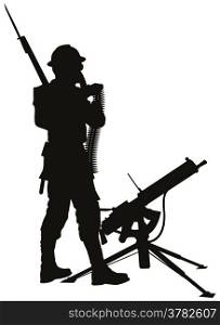 First world war soldier with mashine gun detailed vector silhouette. EPS 8