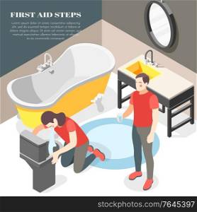 Firsts aid steps for food poisoning diarrhea vomiting isometric bathroom background with offering glass water vector illustration