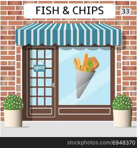 fish and chips cafe. Fish and chips cafe building. Sticker on window. Red brick facade, Vector illustration.